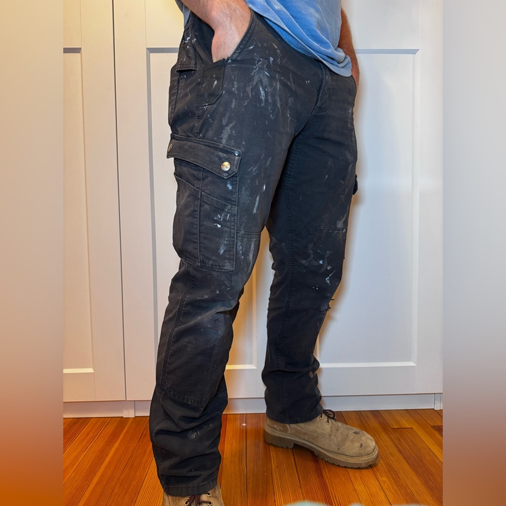 Black Carhartt Cargo Pants with Paint Splatter and Distress